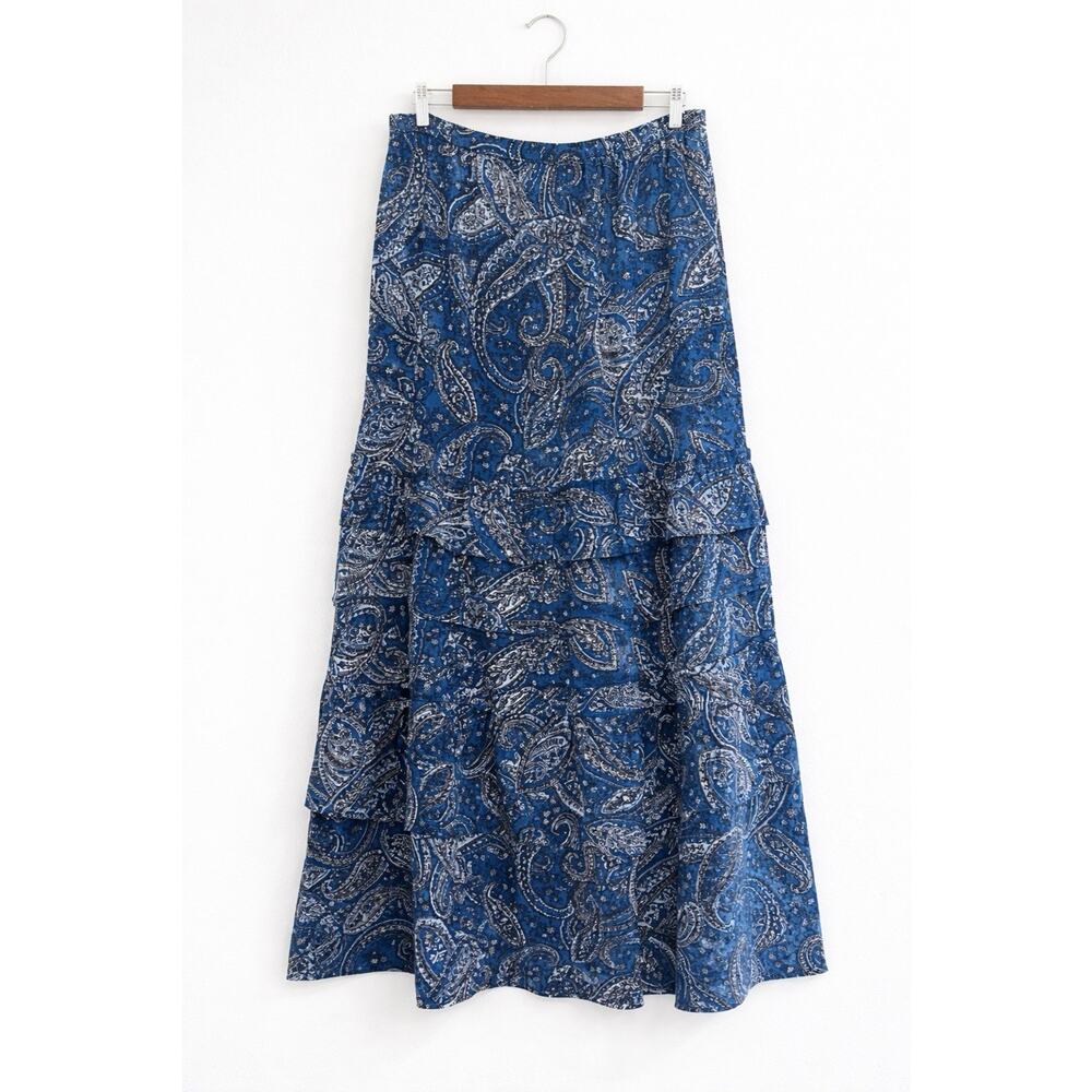 Modern Boho Paisley Tiered Midi Skirt Sz 10 Blue Soft Flow | Outerknown - Picture 3 of 11